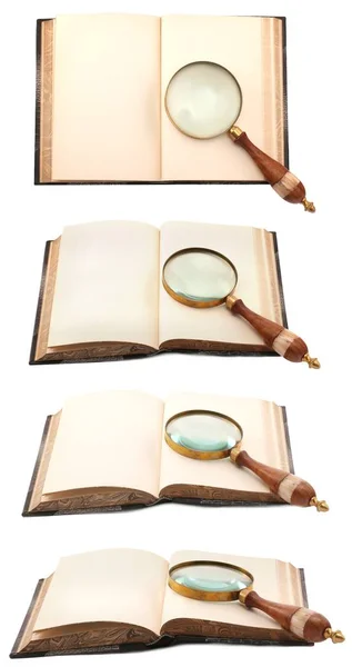 Livro Aberto Antigo Com Uma Lupa Estilo Antigo Definido Partir — Fotografia de Stock