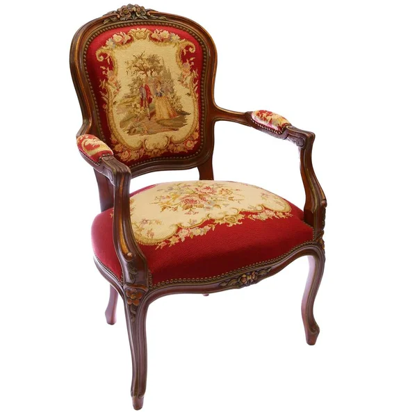 Englisch Antiken Wandteppich Stuhl Mit Blumen Und Paar Isoliert Auf — Stockfoto