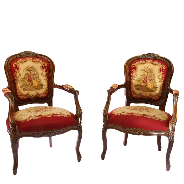 Zwei Englische Antike Tapisserie Stühle Mit Blumen Dekoriert Und Paar — Stockfoto