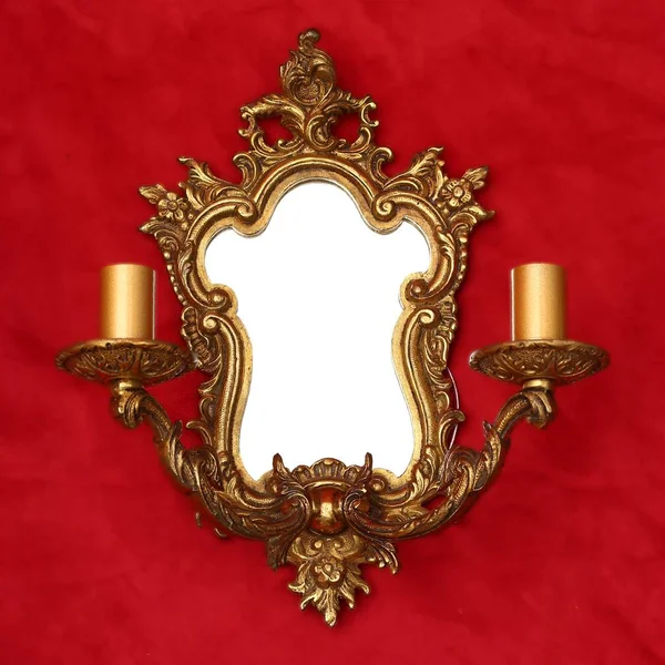 Antique Classic Golden Mirror Two Candlesticks Red Fabric Background — Stock Photo, Image