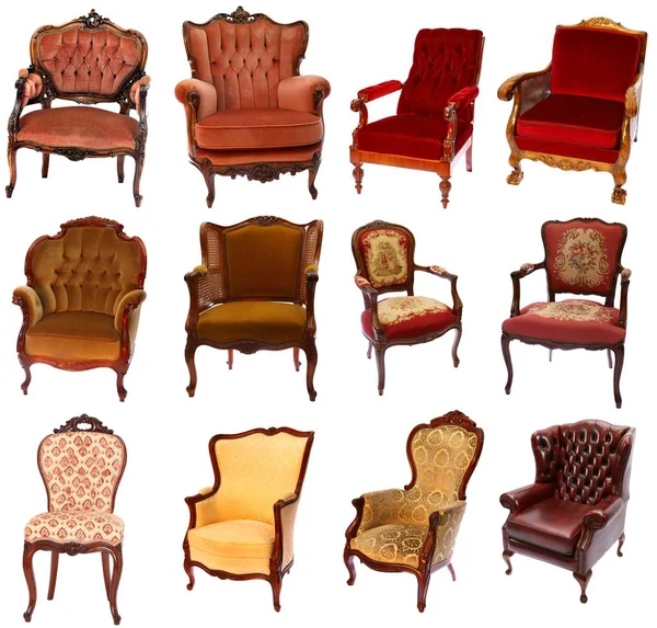 Συλλογή Από Διαφορετικές Καρέκλες Αντίκες Που Απομονώνονται Λευκό Φόντο — Φωτογραφία Αρχείου