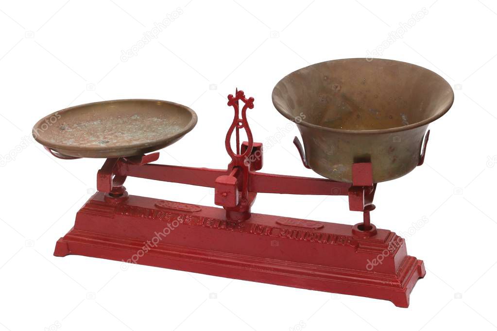 Antique mechanical iron red scales isolated on white background