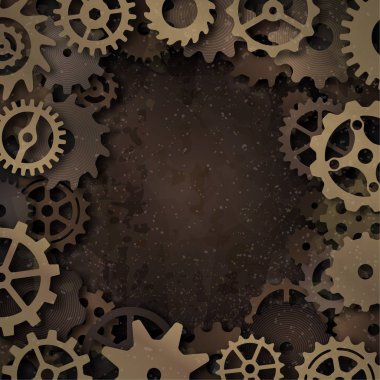 Vektör steampunk çerçeve grunge zemin üzerine metalik gears ile.