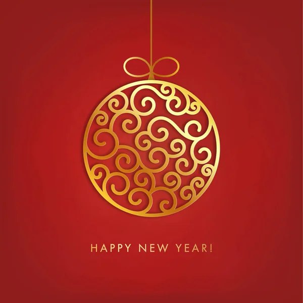 Gold Christmas balls with swirl pattern and shiny on red background. Elegant card in traditional colors. — Stock Vector