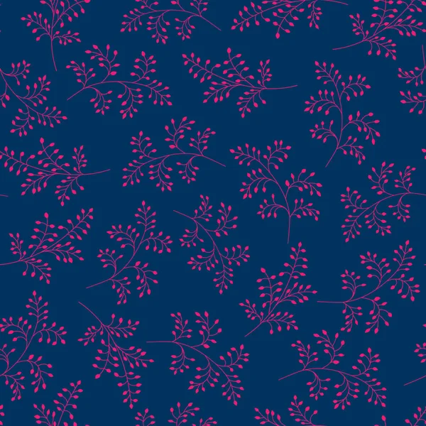 Nahtlose Vektormuster, Trendfarben. elegante Zweige mit rosa Blättern auf blauem Hintergrund. — Stockvektor
