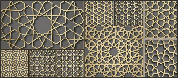 Set of seamless symmetrical abstract vector background in arabian style made of emboss geometric shapes with shadow. — ストックベクタ