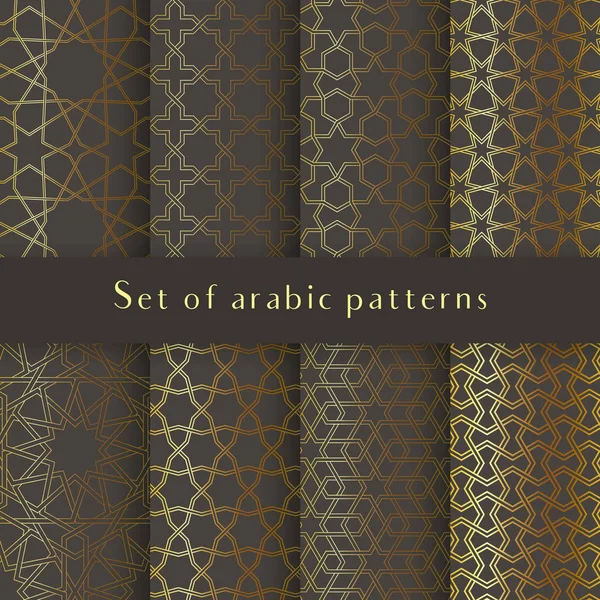 Množina islámských vzorů. Bezproblémové arabské geometrické pozadí, východní ozdoba, luxusní zlato a šedé barvy. Nekonečné textury metalických vektorů. — Stockový vektor