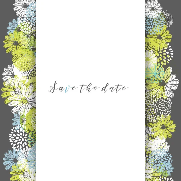 Carte vectorielle avec citron, blanc, bleu stylisé fleurs doodle et place pour votre texte. — Image vectorielle