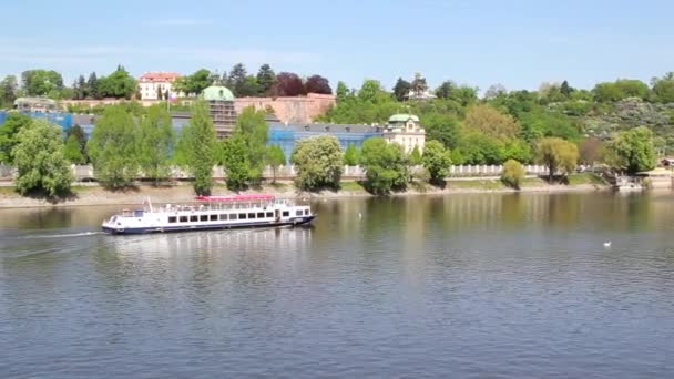 Vízi busz hajó úszó a Moldva folyó partján, Prága — Stock videók