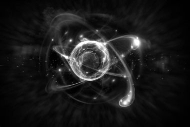 Renkli atomik parçacık arkaplan bilimi 3D illüstrasyonunu kapat