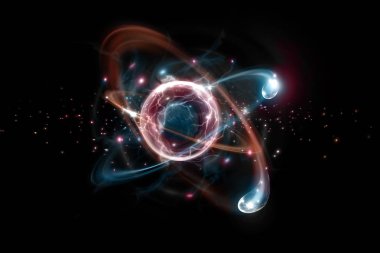 Renkli atomik parçacık arkaplan bilimi 3D illüstrasyonunu kapat