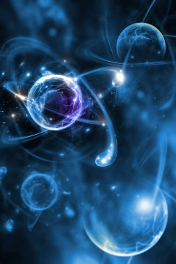 Renkli atomik parçacık arkaplan bilimi 3D illüstrasyonunu kapat
