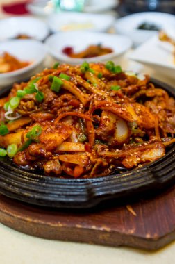 Kore stirfried Jaeyook Bokkeum karıştırın kızarmış domuz eti omuz scallions ve firma tofu