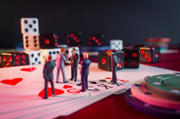 Miniature Businessmen Figurines Making Deal Casino Gambling Card Game Table — Stock Photo, Image