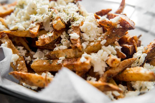 Delicious Mediterranean Street Cart Fried Potatoes Feta Cheese Herbs Spices — Stock Photo, Image