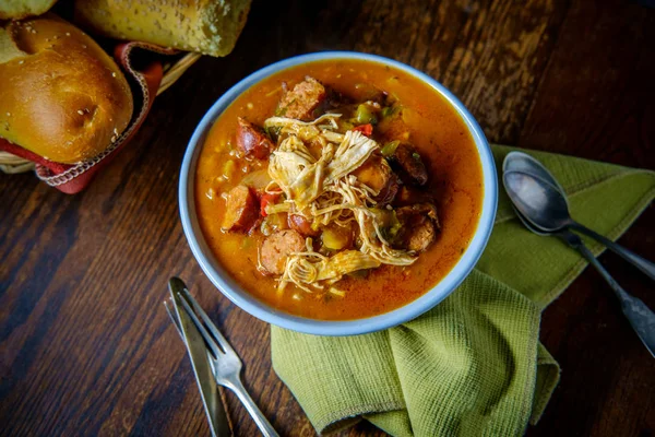 Spicy New Orleans Chicken Andouille Sausage Gumbo Fresh Crusty Bread — Stock Photo, Image