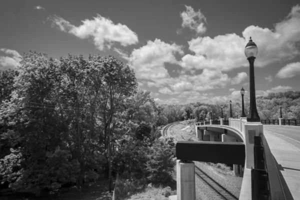 Trilhas Trem Preto Branco Lado Paisagem Ponte — Fotografia de Stock
