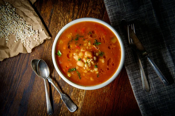 Soupe Légumes Farro Saine Sur Table Bois Rustique — Photo