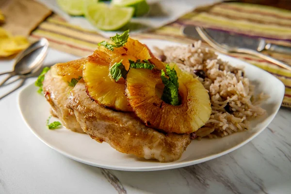 Marinated Cuban Pineapple Pork Chops Traditional Black Bean Rice Grilled Stock Picture
