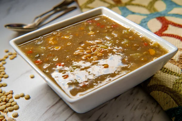 Soupe Lentilles Légumes Rôties Four Dans Bol Carré — Photo