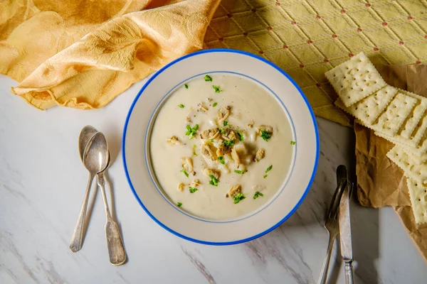 Fresh Hot New England Clam Chowder Soup Saltine Crackers Parsley — Stock Photo, Image