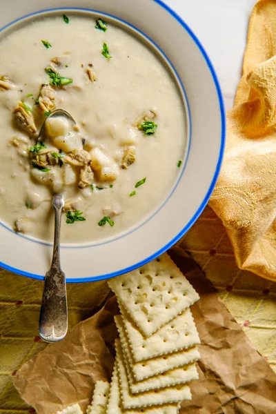 Sopa Sopa Almeja Fresca Caliente Nueva Inglaterra Con Galletas Saladas —  Fotos de Stock