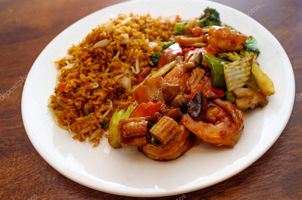 Szechuan fried Shrimp with Chinese Vegetables served with pork fried rice