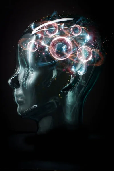 Glowing Transparent Cyborg Face Atomic Particle Brain — Stock Photo, Image