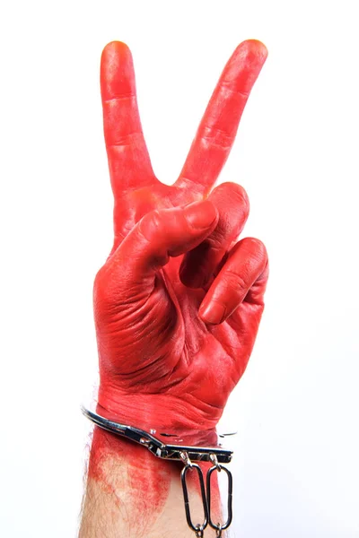 Caught Red Handed Hand Painted Red Wearing Handcuffs Concept — Stock Photo, Image