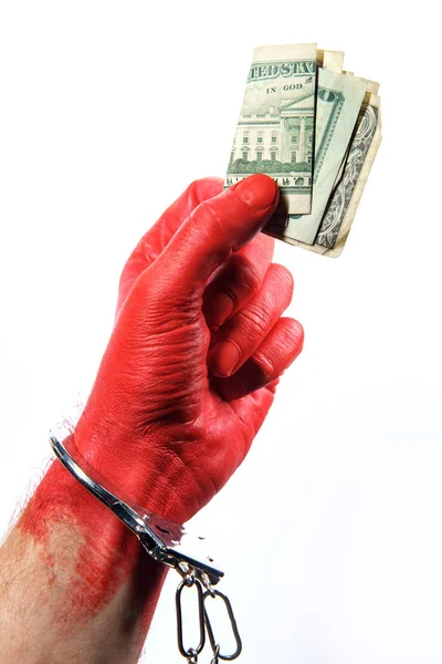 Caught Red Handed Hand Painted Red Wearing Handcuffs Concept — Stock Photo, Image