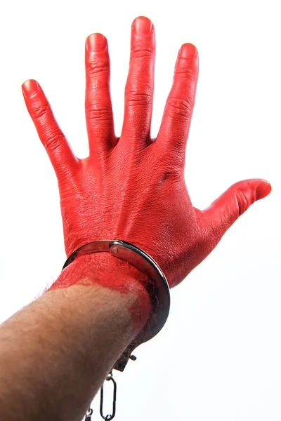 Caught Red Handed Hand Painted Red Wearing Handcuffs Concept — Stock Photo, Image