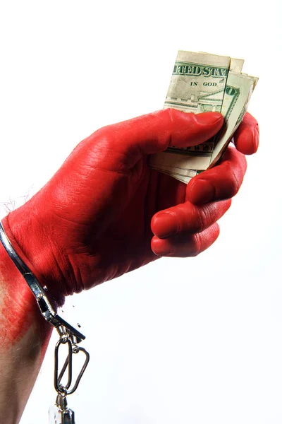 Caught Red Handed Hand Painted Red Wearing Handcuffs Concept — Stock Photo, Image
