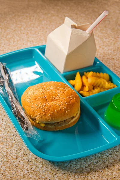 Cheeseburger Pranzo Della Scuola Elementare Con Patatine Fritte Tagliate Increspature — Foto Stock