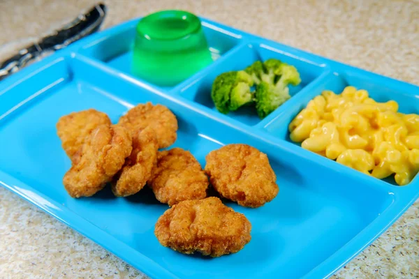 Grade School Lunch Tray Chicken Nuggets Broccoli Mac Cheese Green — Stock Photo, Image