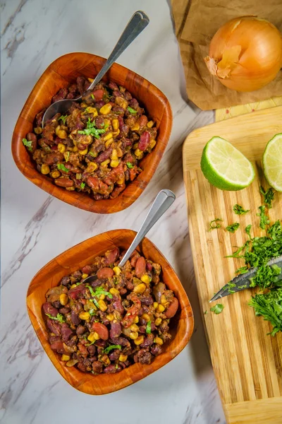 Hot Spicy Bowls Chili Con Carne Marble Kitchen Table Ingredients — Stock Photo, Image