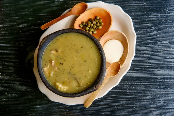 Colombian Ajiaco chicken potato and corn soup with capers — Stock Image Colombian Ajiaco Chicken Potato Corn Soup Capers Stock Image