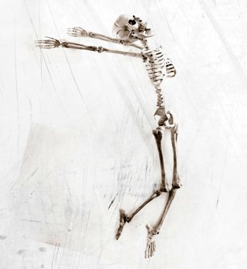 Aptal dans eden tıbbi iskelet grunge antika arka plan üzerinde