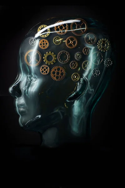 Gears Glass Head Symbolize Brain Activity Creativity Brainstorming — Stock Photo, Image