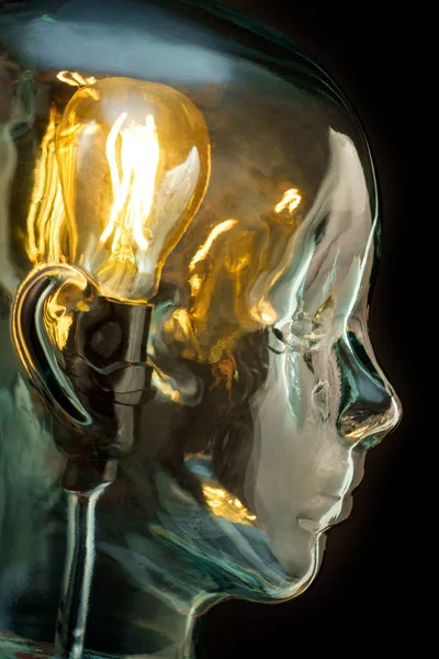 明亮的灯泡内玻璃头创造性的想法和想法的概念 — 图库照片