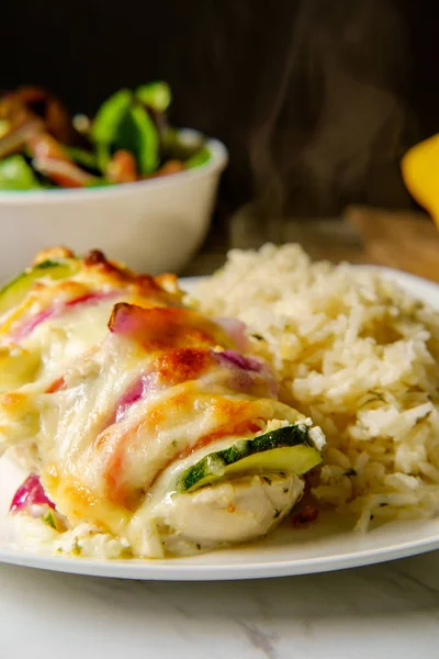 Greek Hasselback Lemon Chicken Salad Rice — Stock Photo, Image