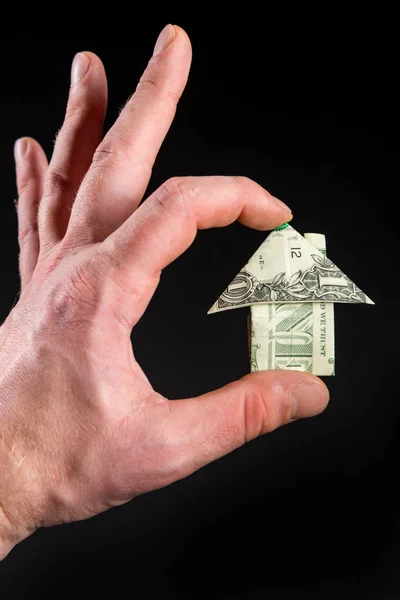 Hand Holds Origami Paper Money House Real Estate Housing Market — Stock Photo, Image