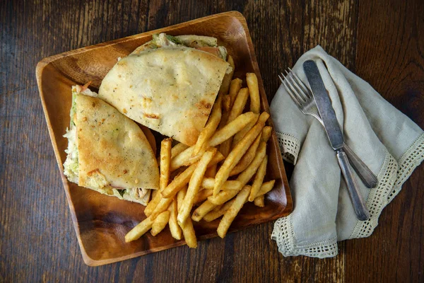 Grilled Chicken Panini Fresh Crispy Steak Fries Rustic Wooden Kitchen — Stock Photo, Image