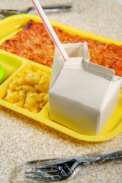 Bandeja Almoço Escolar Classe Com Pizza Com Pequena Caixa Leite — Fotografia de Stock