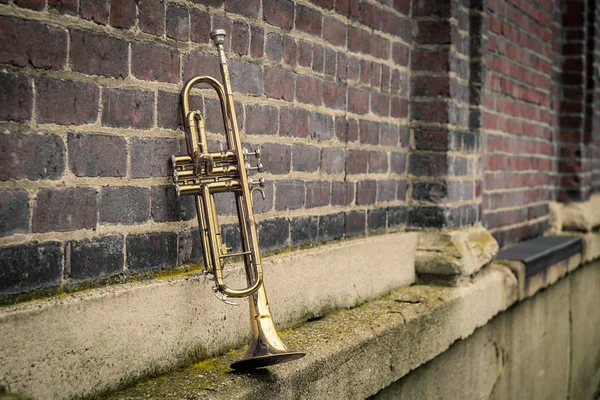 Oude Roestige Jazz Instrument Trompet Leunend Tegen Bakstenen Muur Gebouw — Stockfoto