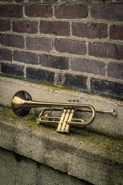 Velho Instrumento Jazz Enferrujado Trompete Encostado Contra Tijolo Parede Edifício — Fotografia de Stock