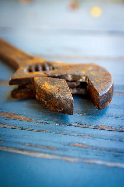 Old Rusty Adjustable Wrench Contractors Tool Worn Wooden Floor — Stock Photo, Image