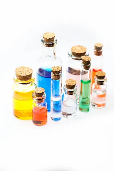 Close up glass measuring beakers for science experiment background