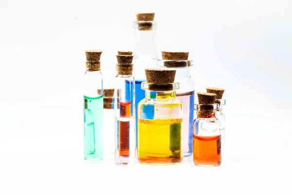 Close up glass measuring beakers for science experiment background