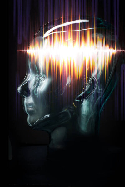Telepathic brainwaves in robotic head for artificial intelligence concept