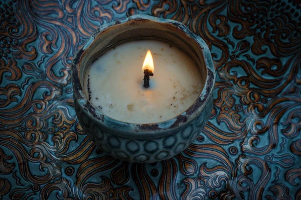 Decorative Rustic Scented Candle Ornate Pattern Dramatic Lighting — Stock Photo, Image